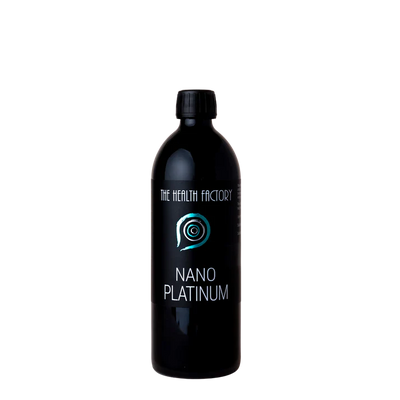 A black bottle labeled Nano Platinum with a blue spiral logo stands on a plain white background, available at Fisa Health.