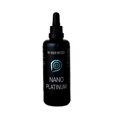 A black Nano Platinum bottle with a dropper cap and blue circular logo is displayed, available at Fisa Health.