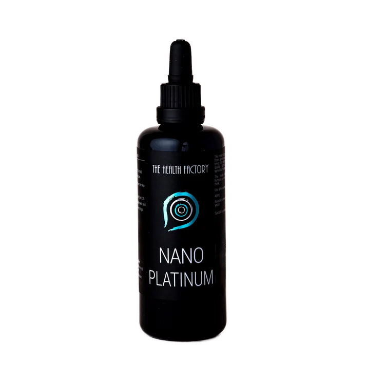 A black Nano Platinum bottle with a dropper cap and blue circular logo is displayed, available at Fisa Health.