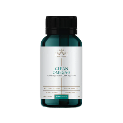 A dark teal bottle labeled CLEAN OMEGA-3 Ultra High Purity DHA Algae Oil with 60 plant-based vegan DHA algae oil capsules and white-gold accents, available at Fisa Health.