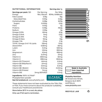The label for Phytoplankton Powder 120g Omega & Multi shows vitamins, fish-free omega-3, minerals, serving size, ingredients, and manufacturer information. Available at Fisa Health.