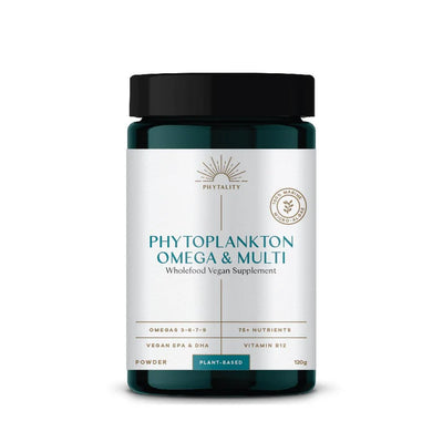 A 120g jar labeled Phytoplankton Powder Omega & Multi, plant-based and fish-free, with a white label and teal accents, available at Fisa Health.