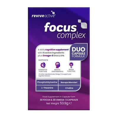 A box of Revive Active Focus Complex, a supplement containing Omega-3 DHA, displayed on a white background, available at Fisa Health.