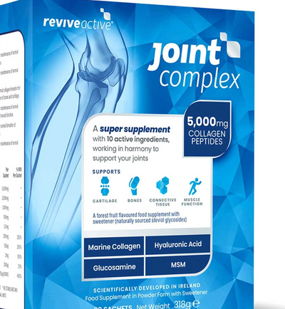A box of Revive Active Joint Complex featuring "5,000mg Marine Collagen" text and visual icons for cartilage, bone, and muscle on the packaging, available at Fisa Health.
