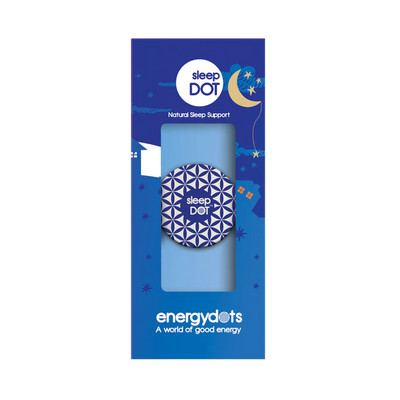 Blue packaging for SleepDOT with a circular design, the words "Natural Sleep Support," and moon and stars graphics, available at Fisa Health.