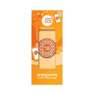 A circular, orange and white smartDOT is shown for use with tech devices, packaged with visible branding. Available at Fisa Health.