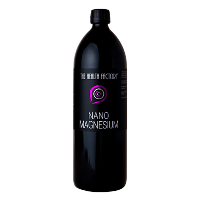 A black bottle of Nano Magnesium liquid supplement with a purple logo and label, set against a plain white background, available at Fisa Health.