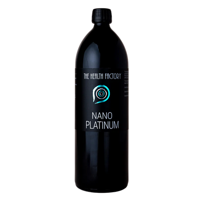 A black plastic bottle with the label "Nano Platinum" and a blue spiral logo, set against a plain white background; available at Fisa Health.