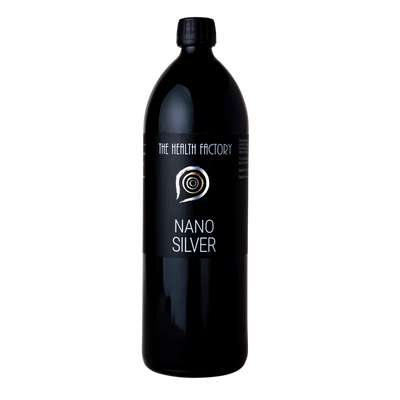 A tall black bottle labeled Nano Silver, a silver particle liquid, stands against a white background with a circular logo, available at Fisa Health.