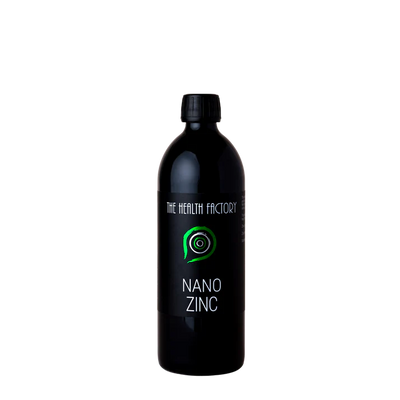 A black bottle labeled "Nano Zinc" with a green spiral logo is displayed on a plain white background; available at Fisa Health.