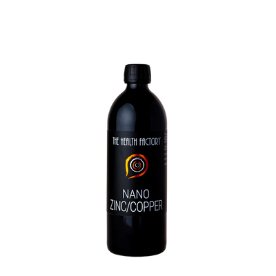 A black bottle labeled Nano Zinc/Copper, a balanced liquid mineral supplement, with a black cap on a plain white background, available at Fisa Health.