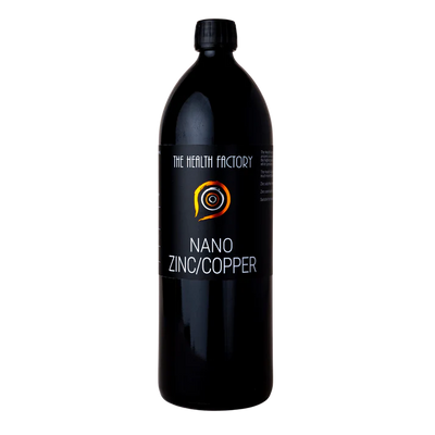 A black bottle labeled Nano Zinc/Copper with a colorful circular design on the front, available at Fisa Health.