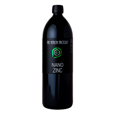 A black bottle labeled "Nano Zinc" with a green circular logo is displayed on a plain white background; available at Fisa Health.