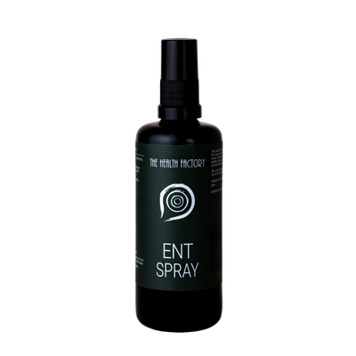 A black spray bottle labeled ENT Spray, with a white spiral logo on the label, displayed on a dark green background; available at Fisa Health.