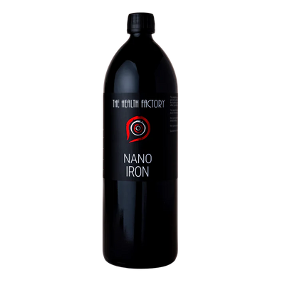 A black bottle labeled "Nano Iron" with a red and white circular logo is shown. Product is available at Fisa Health.