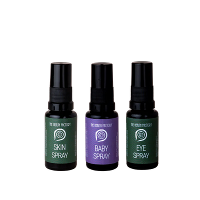Three black spray bottles labeled Nano Zinc Skin Spray, Baby Spray, and Eye Spray—are arranged side by side on a white background, available at Fisa Health.