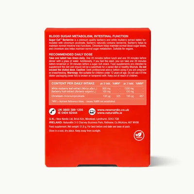 Back of a red New Nordic Sugar Cut Berberine 60 tablets box, showing ingredients, daily dosage, and contact information, available at Fisa Health.