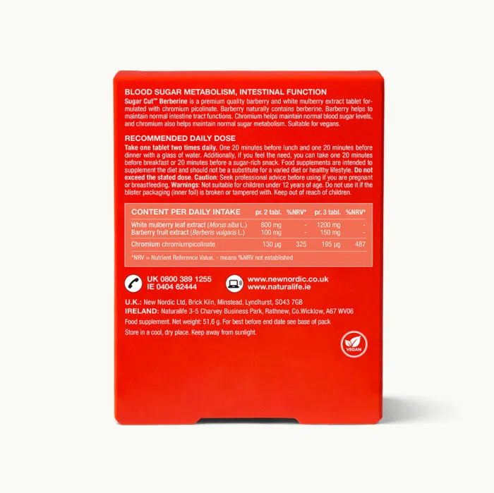 Back of a red New Nordic Sugar Cut Berberine 60 tablets box, showing ingredients, daily dosage, and contact information, available at Fisa Health.