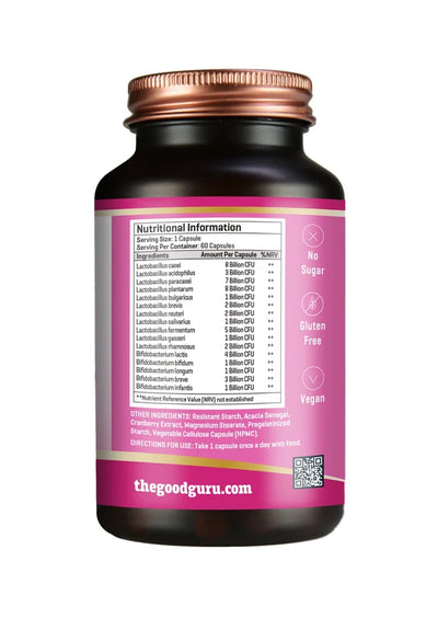 A dark brown bottle of The Good Guru Women’s Probiotic 50 Billion CFU 60 capsules with a pink label displaying nutritional information, dietary icons, and a QR code, available at Fisa Health.